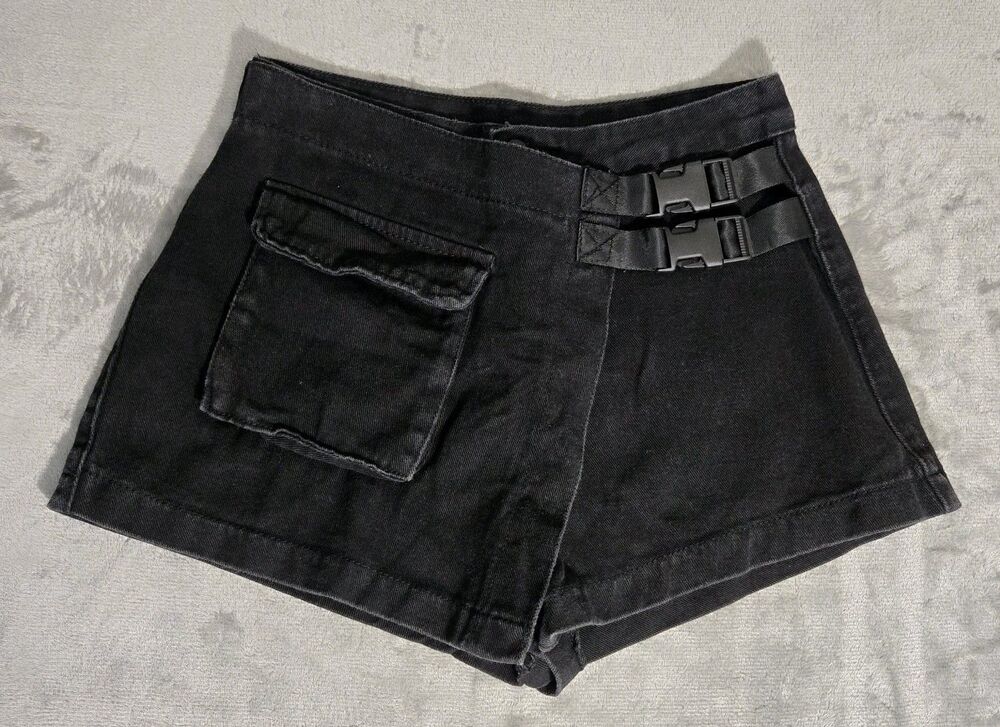 Mini Denim Cargo Black Skort Wrap Skirt Shorts Buckle Strap Utility Goth Y2K Lrg
